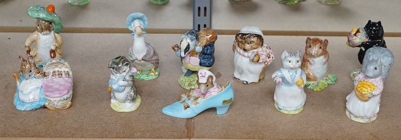 Eleven Beatrix Potter figures to include Benjamin Bunny, Mrs. Tiggy Winkle, Timmy Willie, Duchess with flowers, tallest 11cm. Condition - good